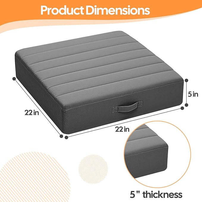 MeMoreCool Square Floor Pillows for Adults Kids, 2 Sets Large Meditation Cushion with 5" Thick Foam and Washable Tufted Cover, 22 Inch Grey Seat Floor Cushions for Sitting and Yoga
