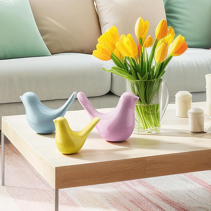 AceOrbit 3 Pcs Spring Small Animal Statues Pink Birds Decor Pastel Color Sculpture Ornaments Blue Yellow Bird Figures for Spring Home Office Table Desktop Bookshelf Mantelpiece Shelf