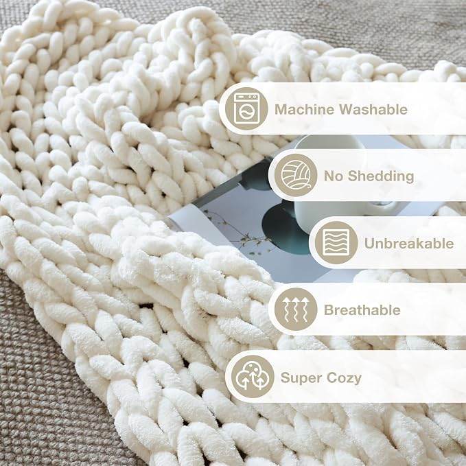 Soft Chunky Knit Blanket, 50X60 in Handmade Thick Chenille Yarn Throw Without Shedding & Raveling, Aesthetic & Cozy Home Decor with Couch Sofa Bed, Gift Pack, Ivory White