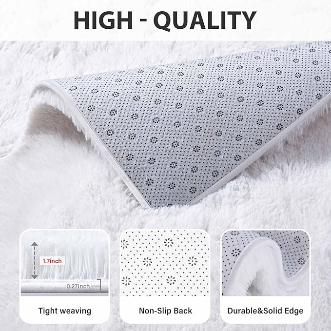 FinRèc White Rugs for Bedroom Living Room, 4x6 Feet Fluffy Shaggy Area Rug, Non-Slip Soft Shag Rug for Nursery Kids Room Dorm Room Home Decor, Indoor Plush Floor Carpet