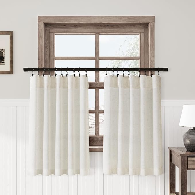 Nanspring Linen Kitchen Curtains Vintage 36 Inch Length Short Curtain for Small Windows Light Filtering Semi Transparent Drapes with Back Tab Rod Pocket Cream for Laundry Room 2 Panels 34Wx36L