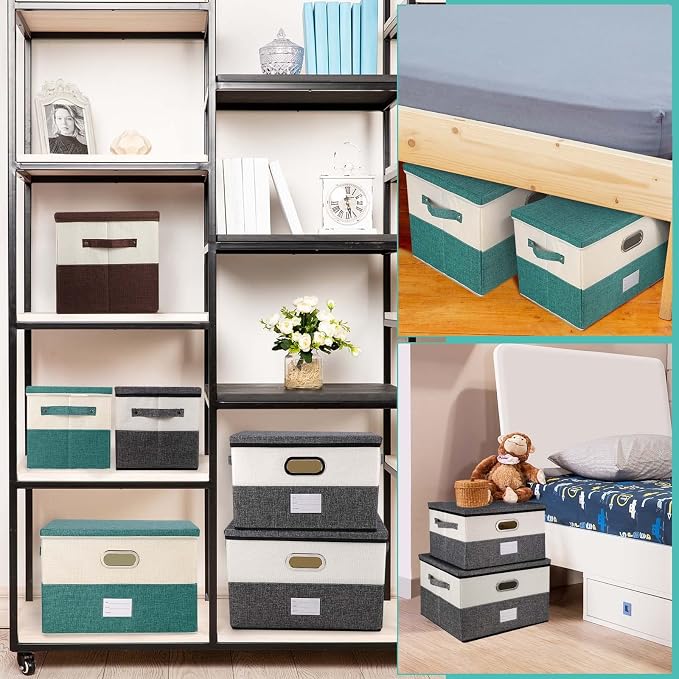 Large Linen Fabric Foldable Storage Bins with Removable Lid and Handles, Washable Storage Box Organizer Containers Baskets Cube with Cover for Bedroom,Office (Turquoise&Cream, Large(2-Pack))