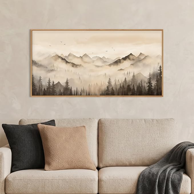 Neutral Misty Mountain Forest Framed Canvas Wall Art Set,Nature Foggy Pine Tree Landscape Wall Decor,Watercolor Beige Brown Scenery Artwork for Living Room,Bedroom,Office-40 x20 x1