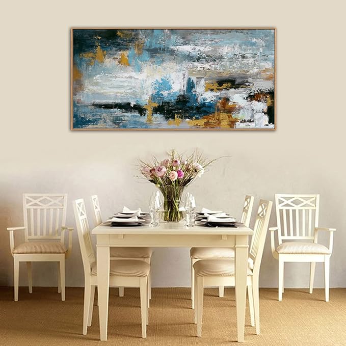 Framed Abstract Wall Art Large Canvas Picture Modern Blue Grey Brown Canvas Painting Artwork Abstract Canvas Prints Wall Decoration for Living Room Bedroom Office Home Wall Decor Ready to Hang 24x48in