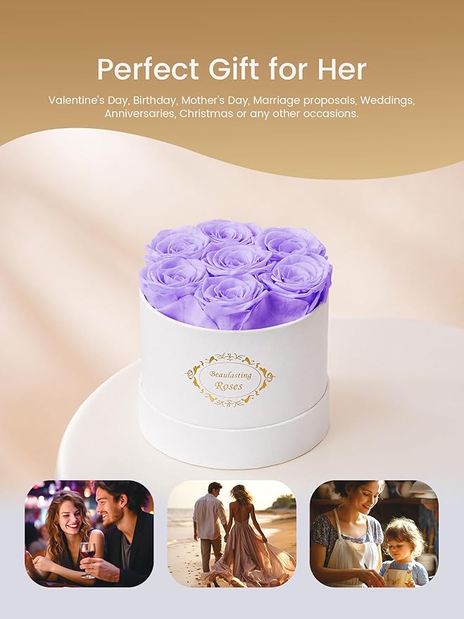 Beaulasting Long Lasting Preserved Roses in a Box Last a Year Forever Flowers for Her Mom Wife Anniversary Birthday (Round White Box, Light Purple Roses)