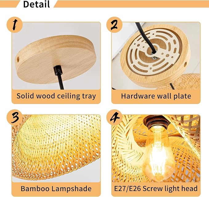 18inch Bamboo Rattan Pendant Lights, Hand-Woven Wicker Boho Hanging Ceiling Lights Fixture, Beige Pendant Lamp Rustic Farmhouse Chandelier for Kitchen Island, Dining Room, Bedroom, Living Room