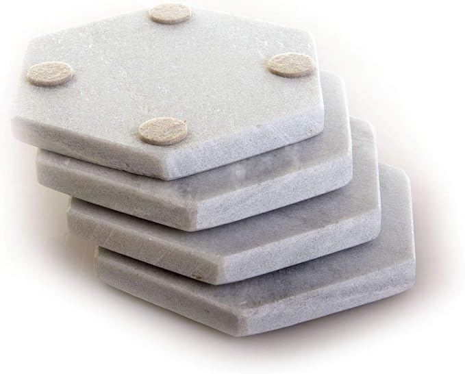 Coaster Set, Premium Marble Coasters, Double-Polished Multi-Functional Drink Coasters, 100% Natural Marble Stone (4, White & Grey Marble - Hexagon)