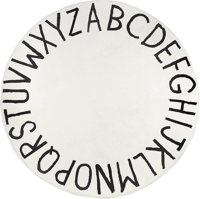 Topotdor Round Kids Play Rug Alphabet Nursery Area Rug Extra Large Soft Crawling Play Mat for Children Toddlers Bedroom (96 inch, White)