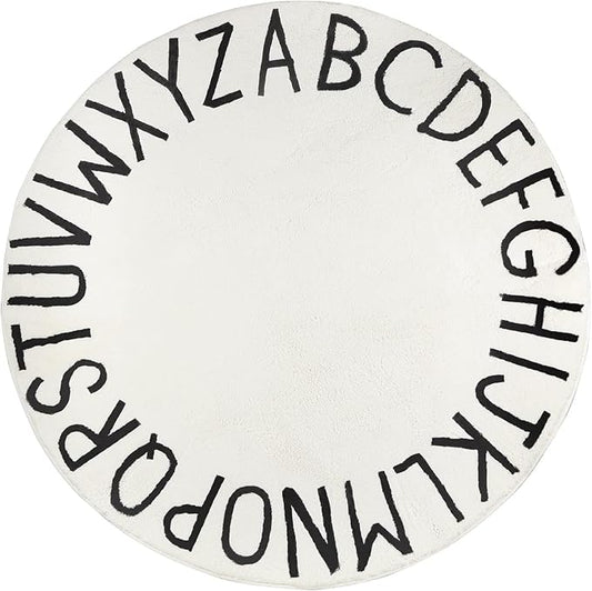 Topotdor Round Kids Play Rug Alphabet Nursery Area Rug Extra Large Soft Crawling Play Mat for Children Toddlers Bedroom (96 inch, White)