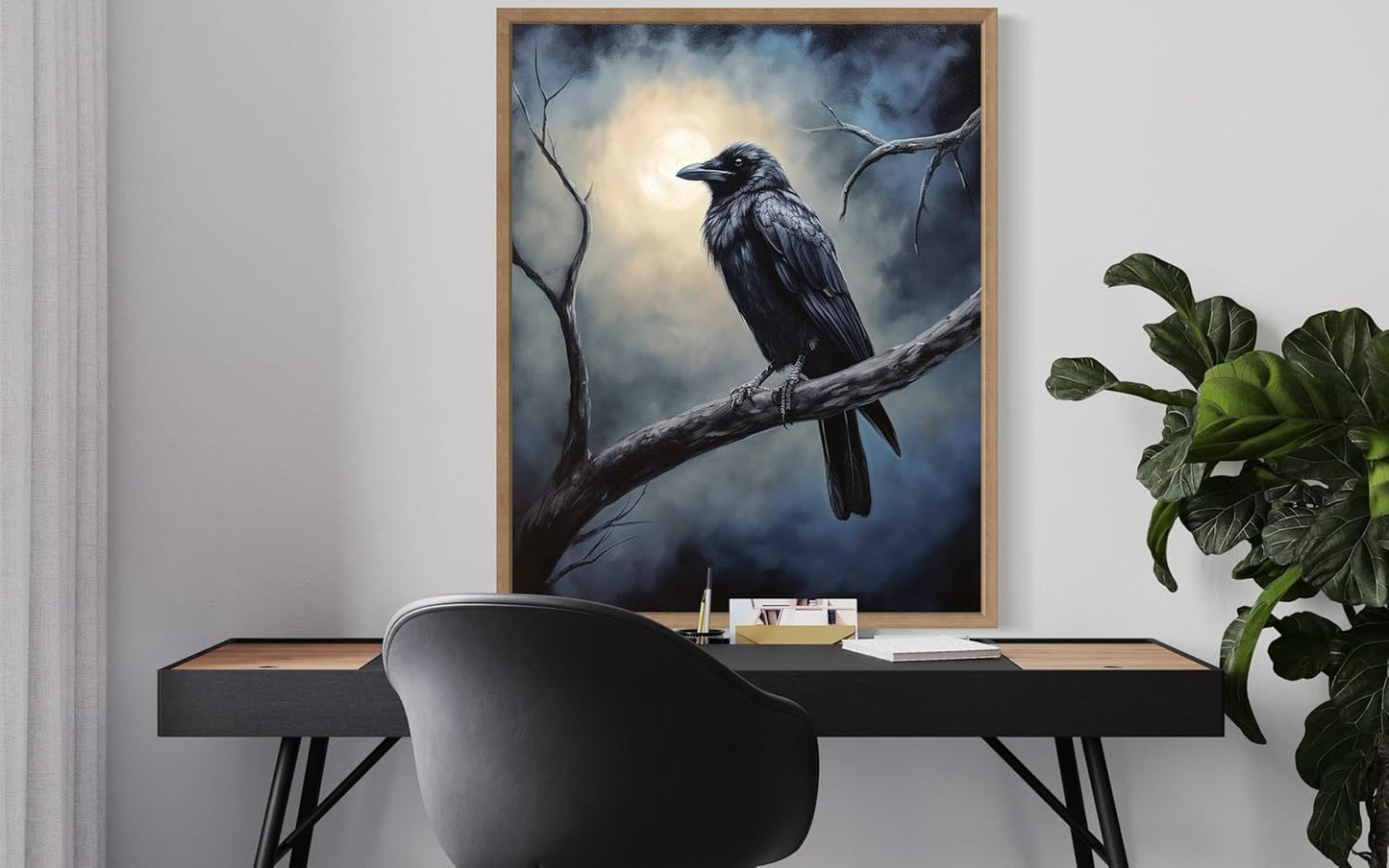 Crow under the Moonlight Poster Art Print, Halloween Scary Vintage Wall Art Academia Spooky Painting Decoration for Horror Prints, Gothic Posters Bedroom Decor 89 (Crow under the Moonlight, 16 x 20 inches, Wood Frame)