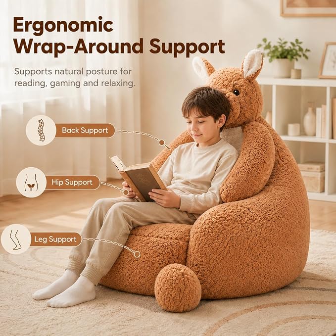 31 Inhces Memory Foam Bean Bag Chair - Ultra Soft Faux Rabbit Fur Sofa with Handle & Machine Washable Cover, Comfy Lazy Chair for Kids Teens, Perfect for Reading Gaming in Living Room Bedroom，Brown