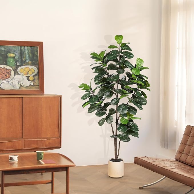 LYERSE Fiddle Leaf Fig Tree Artificial - 6ft Faux Fiddle Leaf Fig Tree with White Planter - Fig Tree Artificial with Lifelike Leaves for House Office Living Room Indoor Home Decor