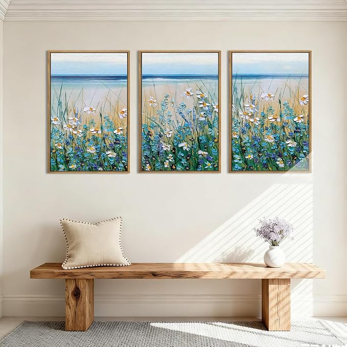 Blue Seaside Cyan Floral Wall Decor Wildflower Canvas Paintings Framed Floral Art Prints Blue Flowers Wall Art Wildflowers Wall Pictures for Living Room Bedroom Bathroom 16x24 Inch Set of 3