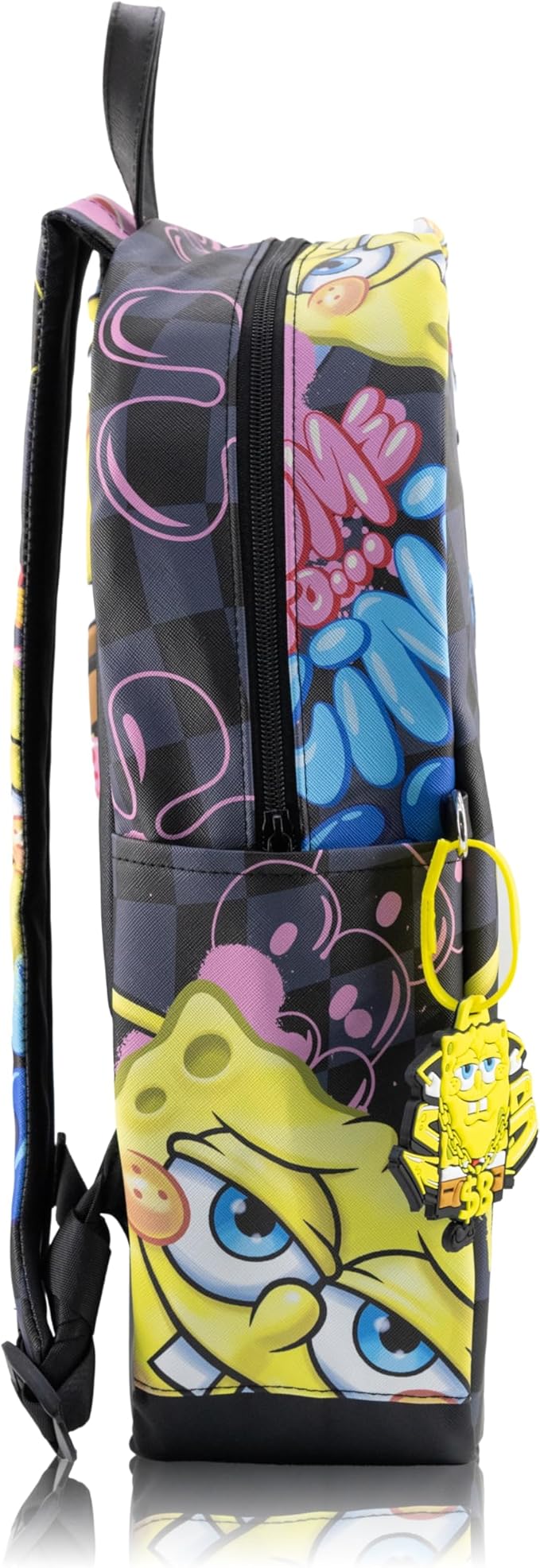 Fast Forward SpongeBob SquarePants Backpack for Teens | 16" Saffiano Leather School Bookbag with Rubber Luggage Tag | SpongeBob Bag for Boys, Girls, Unisex | Officially Licensed Nickelodeon