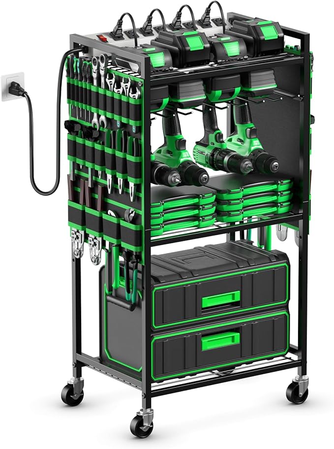 JUNNUJ Large Power Tool Organizer Cart with Charging Station, Garage Floor Standing Rolling Drill and Tools Battery Storage Cart on Wheels, Heavy Duty Rack Shelf with 8 Outlet Power Strip, Green