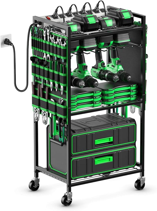 JUNNUJ Large Power Tool Organizer Cart with Charging Station, Garage Floor Standing Rolling Drill and Tools Battery Storage Cart on Wheels, Heavy Duty Rack Shelf with 8 Outlet Power Strip, Green