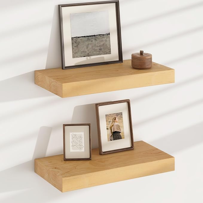 Floating Shelves for Wall, USA-Sourced Brich Wood 16 Inch Wall Shelves Set of 2, Natural Wooden Mounted Picture Ledge Shelf, Nursery Book Storage Shelf Kids Bookshelf Display, Shelf for Bathroom