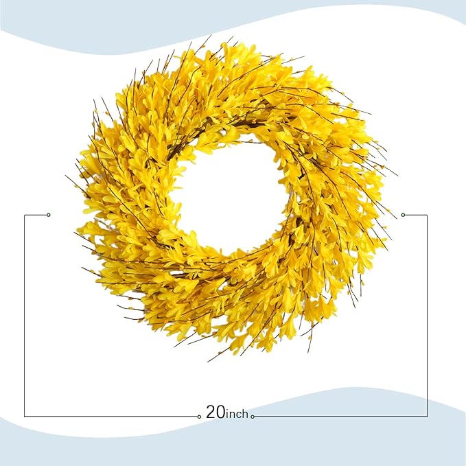 Bibelot 22inch Artificial Forsythia Flower Wreaths Spring Summer Fall Wreath Silk Leaves Wreath for Front Door Wreaths Porch Farmhouse Patio Garden Home Decor (yellow)