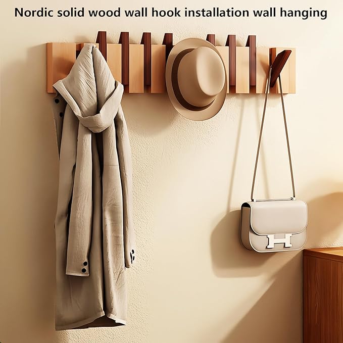 Wall Mounted Coat RackHooks Piano Key Hangers Natural Solid Wood Hanger Non-Woven Fabric Clothes Hangers for Closet, Kitchen, Bedroom, Bathroom, Entryway (Moon Walnut-Beech, 8 Hooks)