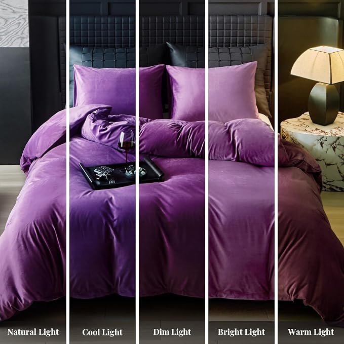WARMDERN Purple Flanne Velvet Duvet Cover King Sizel Duvet Cover Bedding Sets, 3pcs Ultra Soft Luxury Textured Modern Crystal Velvet Duvet Covers with Zipper Closure(Purple, King)