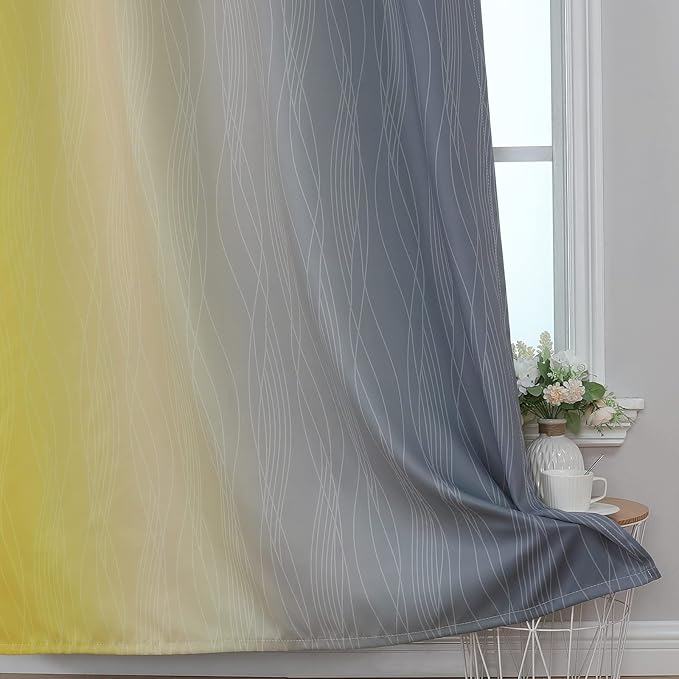Ombre Gray and Yellow Blackout Curtains 63 Inch Length 2 panels, Full Room Darkening Curtains for Kids Room, Grommet Thermal Insulated Gradient Drapes, Light Blocking Curtains for Bedroom, 42x63 Inch