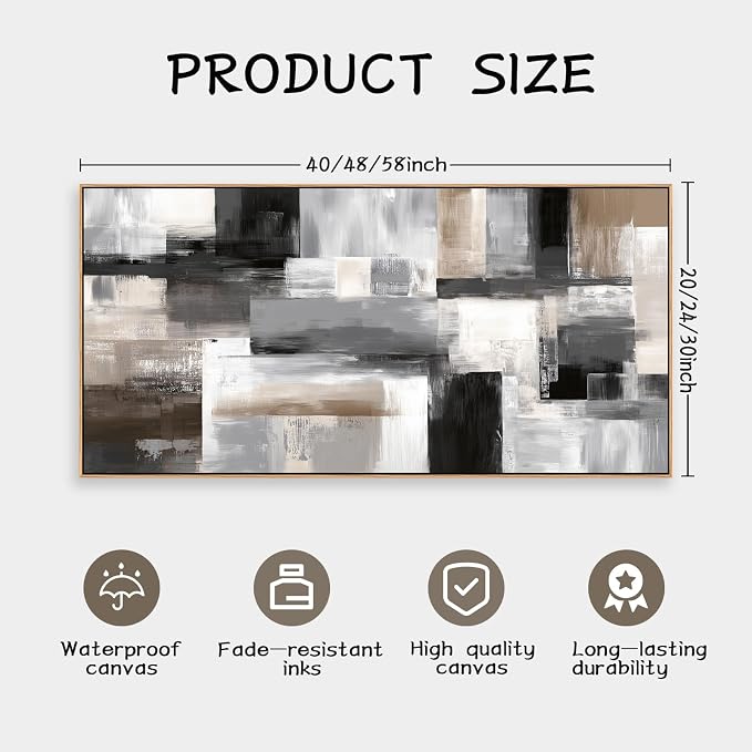 HUADAOART 30x58 Inch Framed Abstract Canvas Wall Art Neutral Grey Beige Geometric Decor