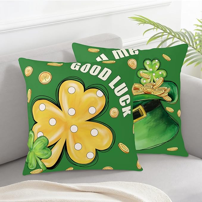 St Patricks Day Throw Pillow Covers Green Glod Polka Dots Lucky Clover Pillow Covers 24x24 Set of 2 Gold Coin Lucky Hat Pillowcases Saint Patricks Day Decorations for Home Couch Bed