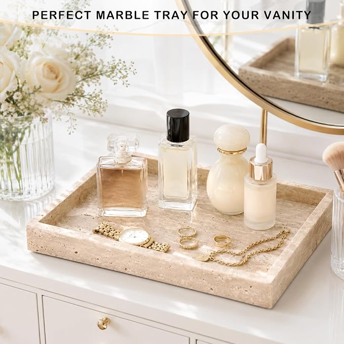 Marble Bathroom Tray for Countertop & Home Decor, Natural Decorative Marble Tray for Jewelry & Perfume Organizer, Stone Vanity Trays for Dresser, Kitchen Counter, 12" x 8", Beige Travertine
