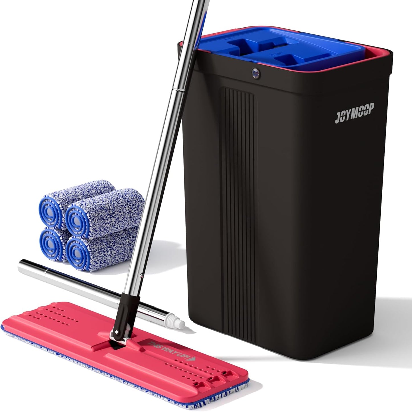 JOYMOOP Mop and Bucket with Wringer Set, Hands Free Flat Floor Mop and Bucket, with 4 Washable Microfiber Pads, Wet and Dry Use, Floor Cleaning System - Black+Red+Slate Blue