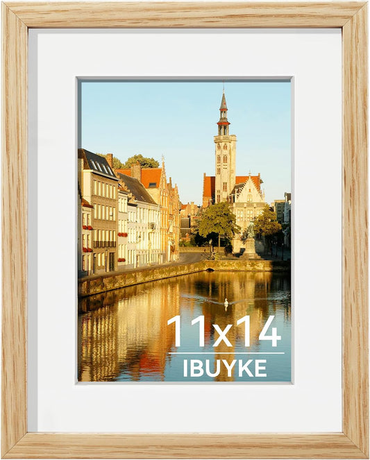 IBUYKE 11 x14 Picture Frame,Solid Oak Wood 11x14 Photo Frame with Mat to 8x10,11x14 Picture Frames With Tempered Glass,Wall Mount Display,Home Decor,Natural Oak 14 x 11 Frame,UWPF1114N