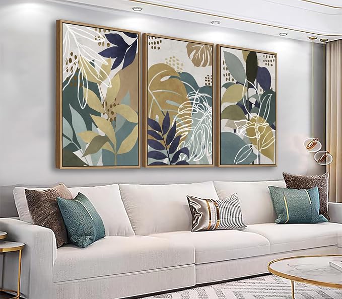 Large Botanical Wall Art for Living Room Natural Wood Float Framed Art Set of 3 Tropical Plant Pictures Boho Artwork Green Brown Leaf Canvas Prints for Bedroom Kitchen Home Office Wall Decor 32"X48"X3