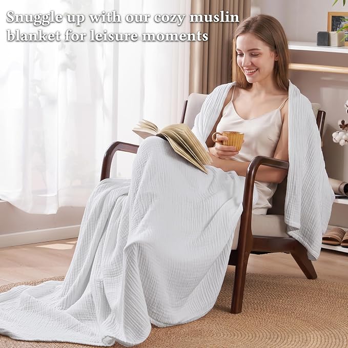 David's Home Soft Muslin Blanket King Size for Adults, 60% Rayon 40% Cotton, Breathable Lightweight Cooling Blanket for Hot Sleepers, 4-Layer Cozy Gauze for Bed, 108"x90", White