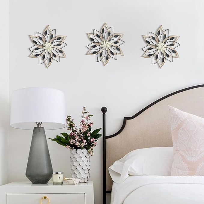 Remenna Whitewash Flowers Wood Wall Decor, Metal Rustic Wall Art Farmhouse Wall Decorations Multiple Floral Hanging Decor for Bathroom Living Room Home Office Garden Kitchen