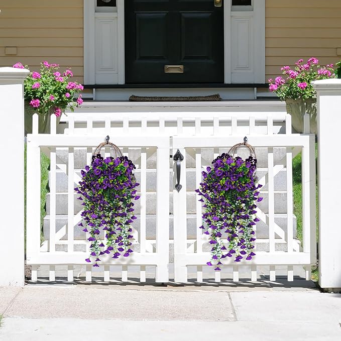 SJL Faux Hanging Plants Outdoor Flowers UV Resistant Fake Plants for Outside Fake Silk Colorful Morning Glory Artificial Eucalyptus Leaves for Arch Backyard Kitchen Spring Outside Decorations(Purple)