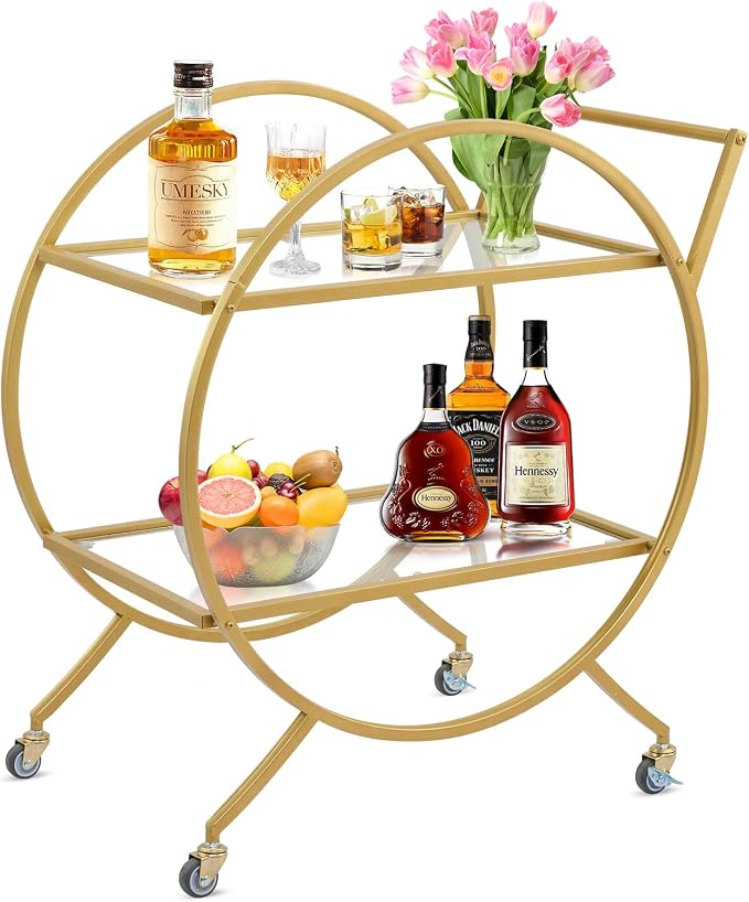 Bar Cart, 2 Tier Mobile Mini Bar, Kitchen Serving Cart and Coffee Station with Lockable Wheels, Storage for Liquor, Metal and Mirror, Modern