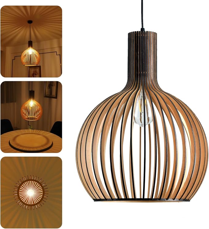 Wood Pendant Light, E26 Base Hanging Lamp Indoor, Natural Wooden Hand Made Chandelier, Boho Height Adjustable Dining Table Hanging Lamp for Hotel Bar Café Kitchen Island Hallway Entryway
