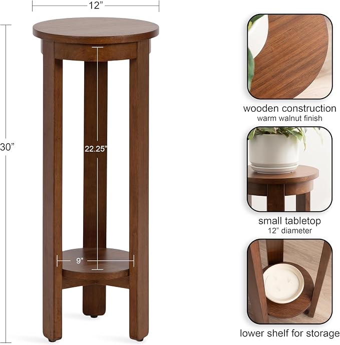 Kate and Laurel Foxford Modern Tiered Round Drink Table, 12 x 12 x 30, Walnut Brown, Transitional Two-Tier Circle Plant Stand for Use as Living Room Pedestal Table or Small Bedroom Nightstand