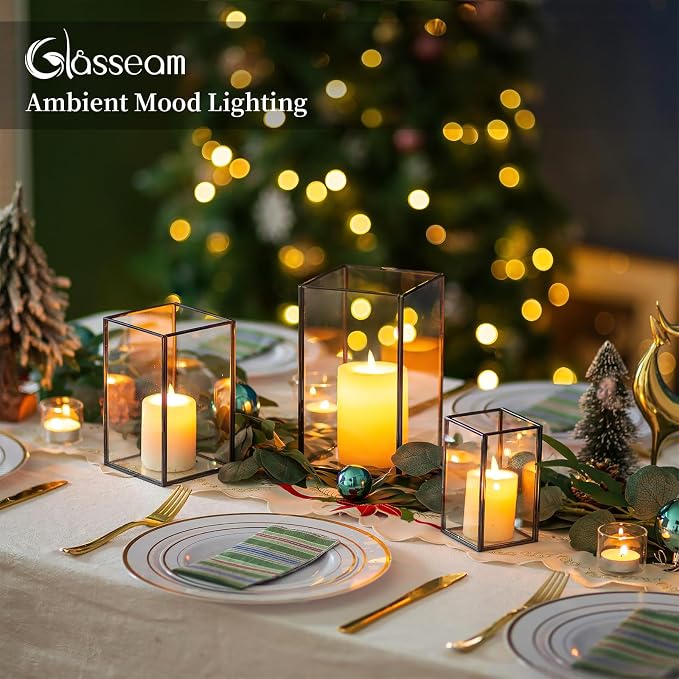 Glasseam Hurricane Glass Candle Holder, Black Candle Holders Set of 3, Square Metal Modern Candle Holder, Modern Large Candle Holders for Table Centerpiece Wedding Christmas Decorative