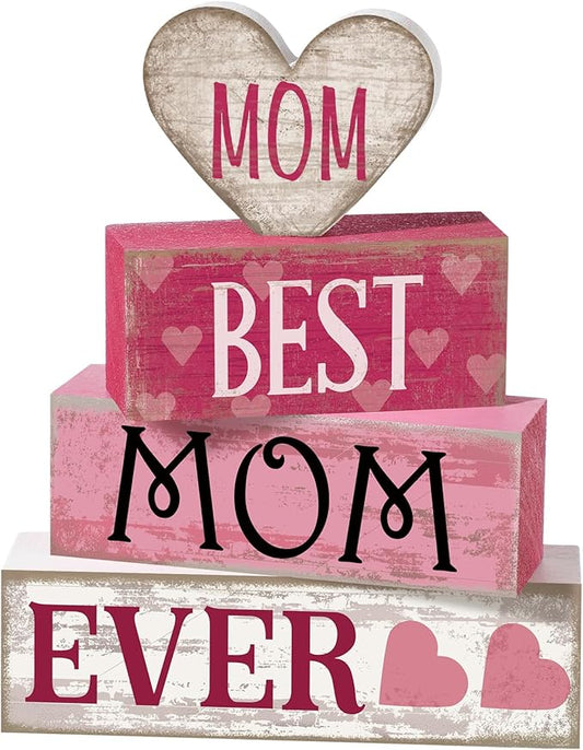 Yuntau 4 Pcs Mothers Day Table Decorations Mothers Day Tiered Tray Decor Mom Wooden Sign Mothers Day Centerpiece Decorative Faux Book Stack Block for Coffee Table Fireplace Mantel Floating Shelf