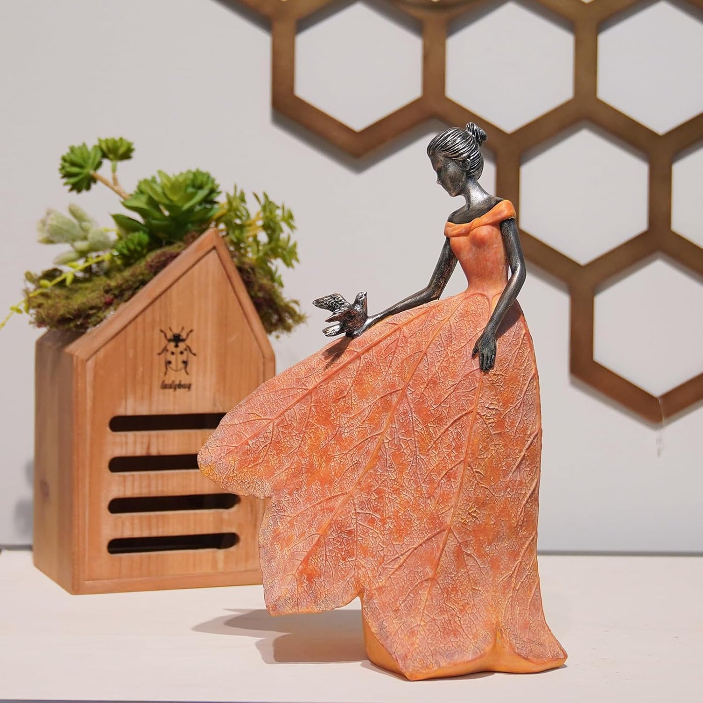 Guichifun Fairy Statue Collection Home Decoration - Orange Leaf Angel Girls Resin Home Decor for Outside or Inside Rustic Garden Outdoor Yard Decorations Figurines Gift 8.5 x 5.25 x 12 Inch