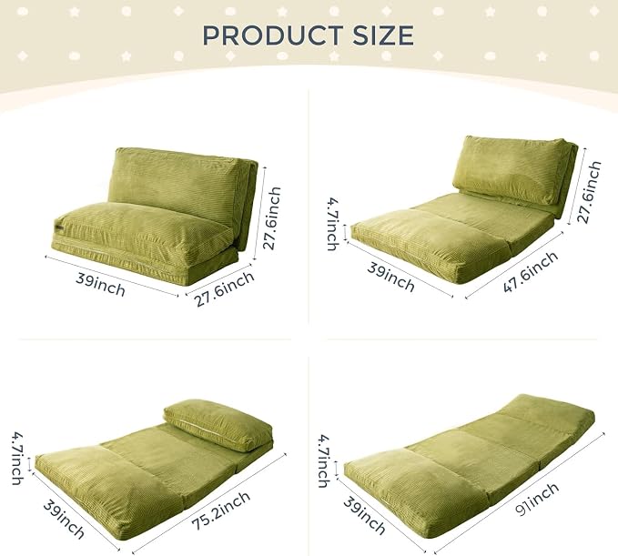 MAXYOYO Folding Sofa Bed, Extra Thick and Long Floor Sofa Convertible Chair with Washable Cover, Floor Couch Lounge Bean Bag Bed for Living Room, Green, 39x91 Inch