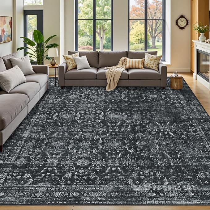 Rugxara 9x12 Area Rugs for Living Room Bedroom, Large Washable Rug, Black Vintage Floral Boho Rug, Non Slip & Low Pile Faux Wool Thin Carpet for Indoor Dining Room and Kids Room(Black 9x12ft)