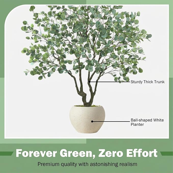 Caxchiling Large Artificial Eucalyptus Tree 8FT, Indoor Outdoor Faux Tree | Natural Trunk with White Planter for Home Office Living Room Front Door Decor