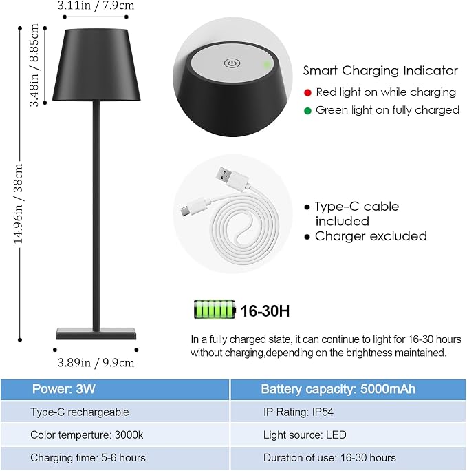 2-Pack LED Cordless Table Lamp, Rechargeable Battery Desk lamp 5000mAh Battery Operated Stepless Dimming Modern Portable Table Light for Restaurant/Dinner/Bedroom/Outdoor IP54 Waterproof (Black)