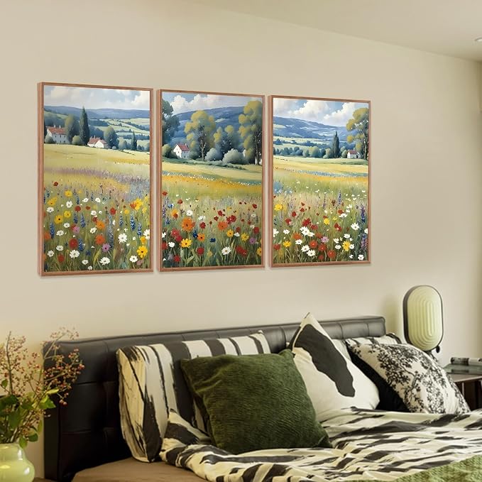 LHIUEM Vintage Wildflower Framed Canvas Wall Art,Boho Mountain Wall Decor,Rustic Floral Painting,Nature Field Landscape Artwork for Living Room,Bedroom,Dining Room,Farmhouse -24"x36"x3