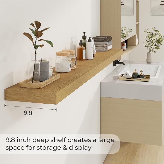 Dreamland 72Inch Oak Floating Shelves 9.8" Deep Wall Mounted Set of 2 | Wall shelves for bathroom, bedroom, Living Room, kitchen, deep wall mount wood storage display for home decor 72" x 9.8"