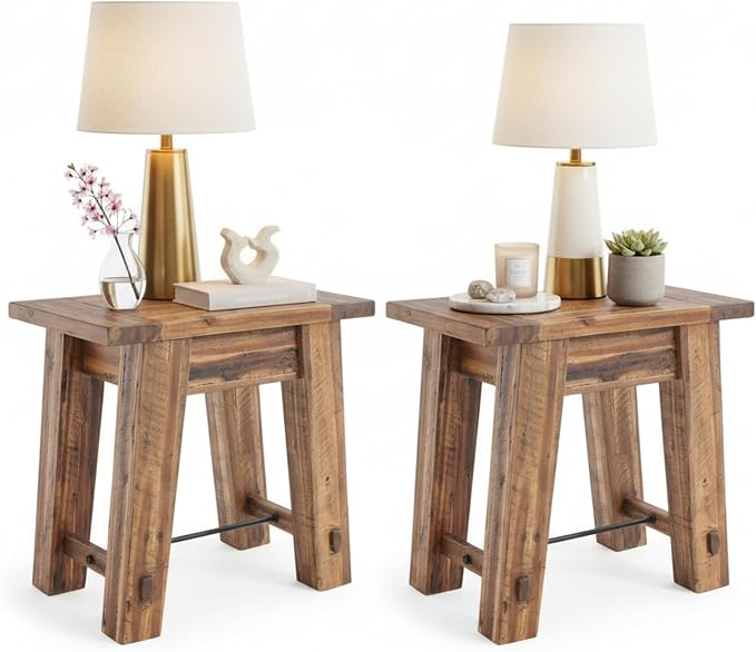 Alaterre Furniture Durango Solid Wood Side Tables, Set of 2, Natural Grain | Rustic Industrial Nightstand and End Tables, Storage Shelf, Metal Accent, 100lb Capacity, for Living Room, Bedroom, or Office