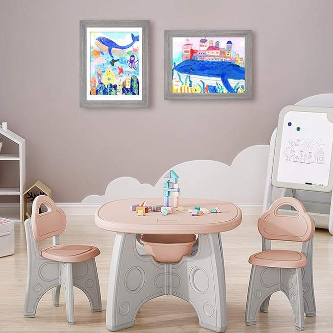 KINLINK 9x12 Kids Art Frame Set of 2, Solid Wood Kids Artwork Frames Changeable with Front Opening Hold 150 Pictures, Art Frames for Kids Art with Mat，without Mat 9x12 Picture Frame Grey
