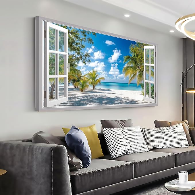Ggaafet Tropical Beach Window Wall Art for Bedroom Canvas Painting Prints Beautiful Palm Tree Art Deco Modern Artwork Office Family Room Decor