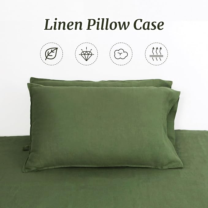 100% French Linen Pillowcase-Set of 2, Queen Size(20''x30''), Stone Washed Solid Color, Soft and Breathable (Olive Green, Queen)